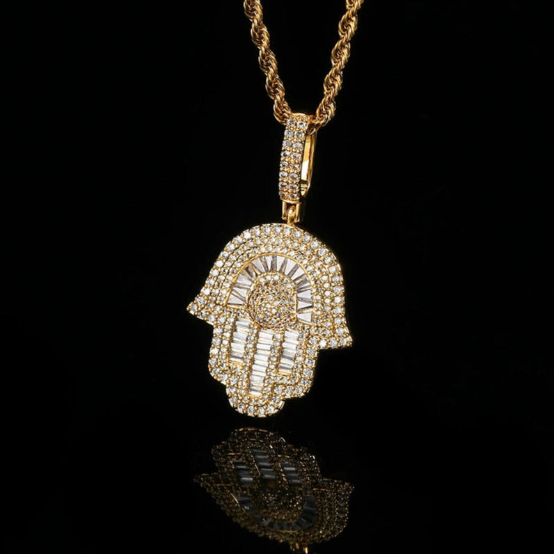 18K Gold Baguette Hamsa Hand Pendant