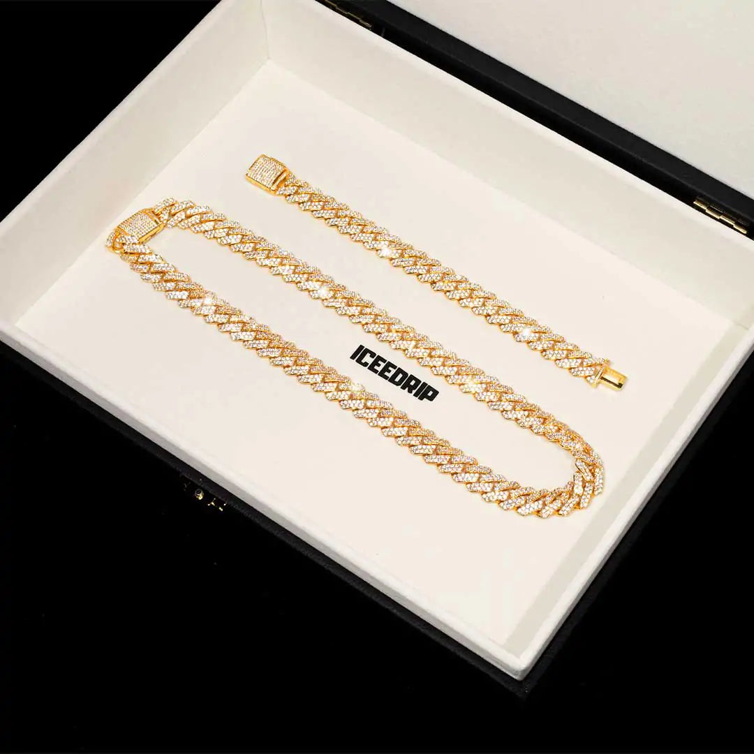 Bundle 14MM 2-Row Prong Cuban Link Necklace+Bracelet in Gold ICEEDRIP
