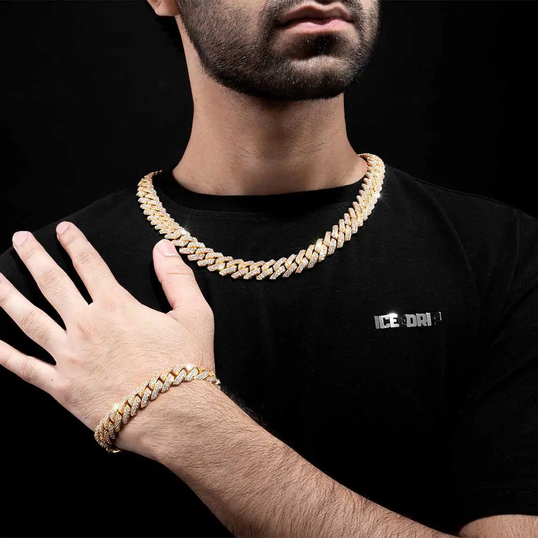 Bundle 14MM 2-Row Prong Cuban Link Necklace+Bracelet in Gold ICEEDRIP
