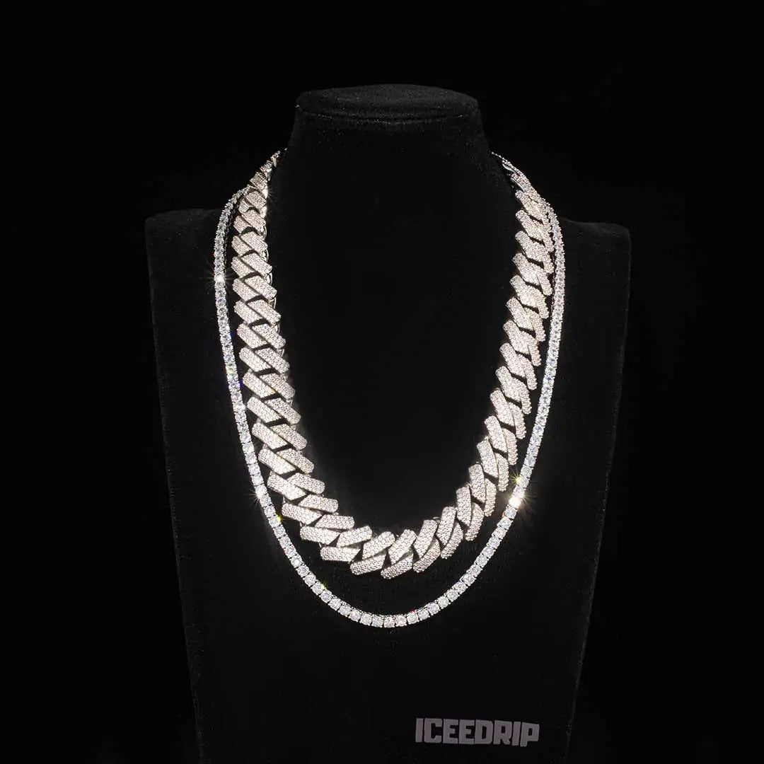 Bundle 19MM 3-Row Prong Cuban Link Necklace+4MM Tennis in White Gold ICEEDRIP