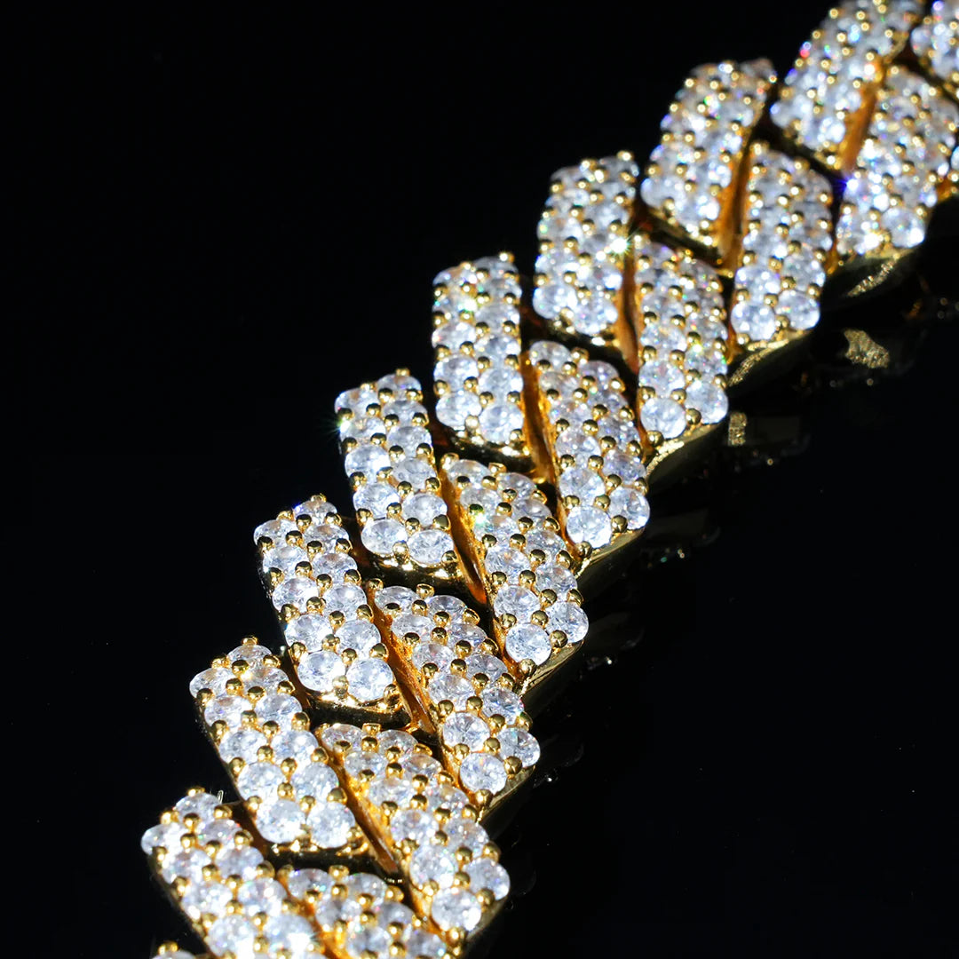 19mm 2-Row Iced Prong Cuban Chain In 18K Gold