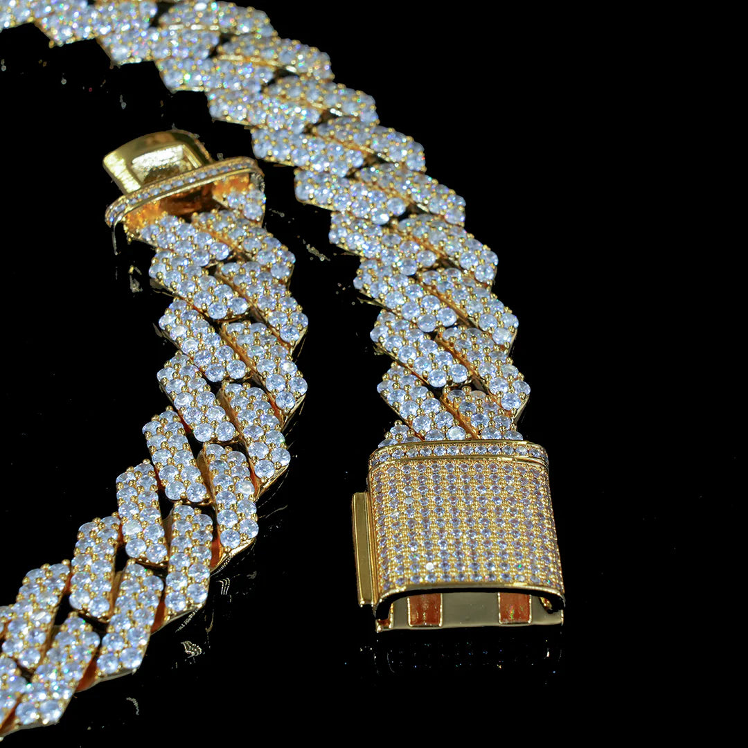 19mm 2-Row Iced Prong Cuban Chain In 18K Gold