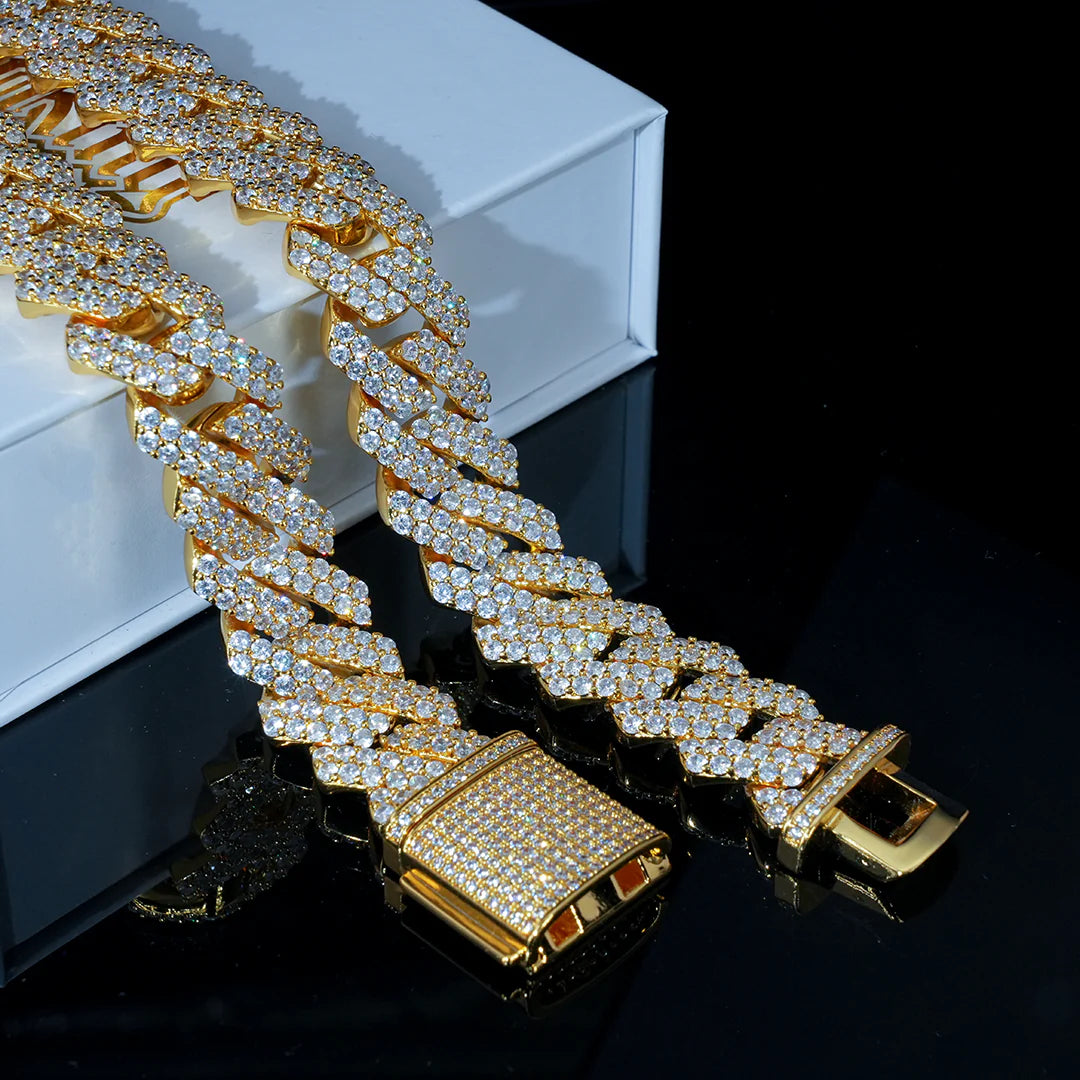 19mm 2-Row Iced Prong Cuban Chain In 18K Gold