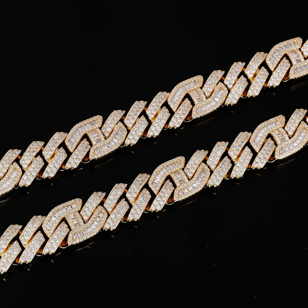 15mm 18K Gold Prong Baguette Curb Chain