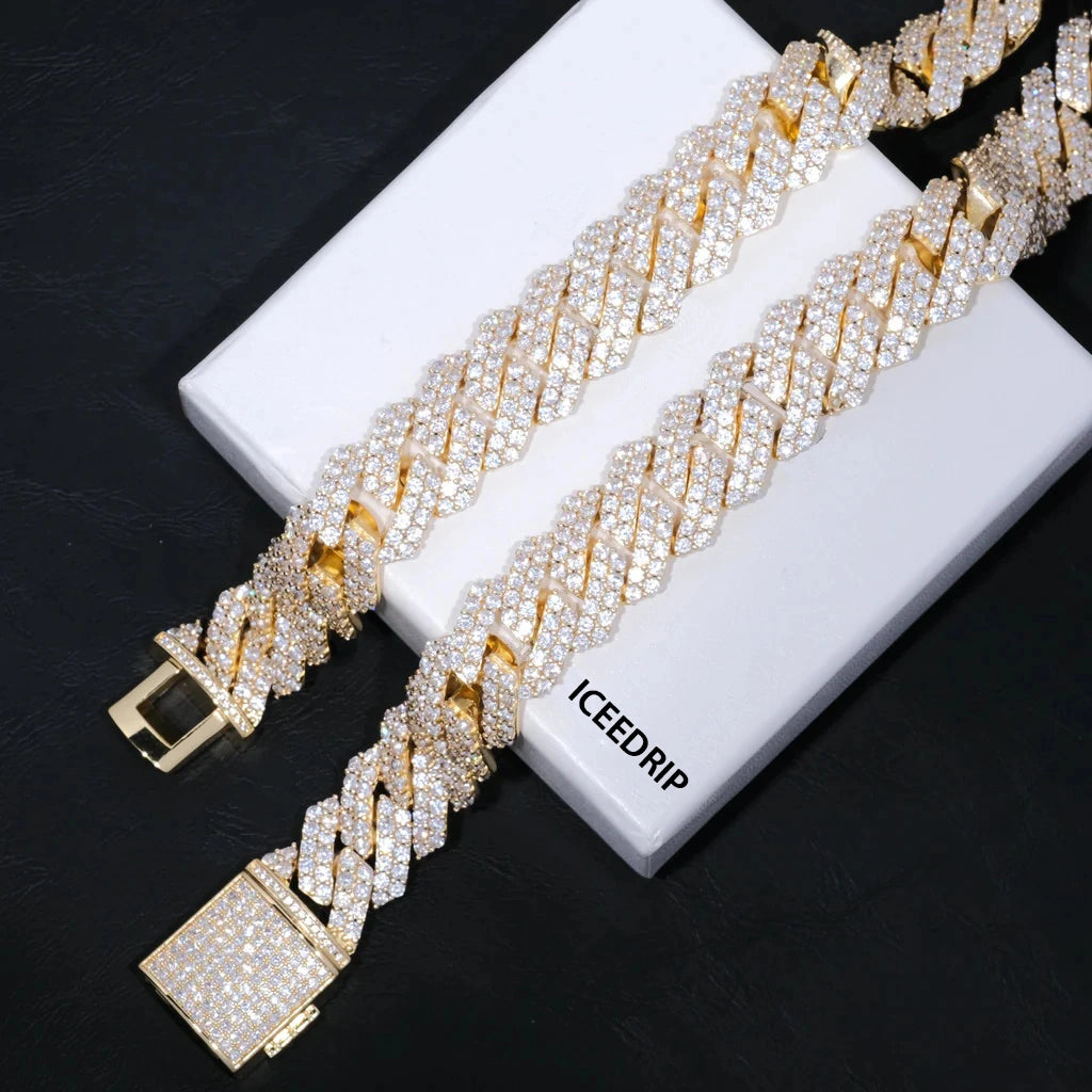 19mm 2-Row Iced Prong Cuban Chain In 18K Gold