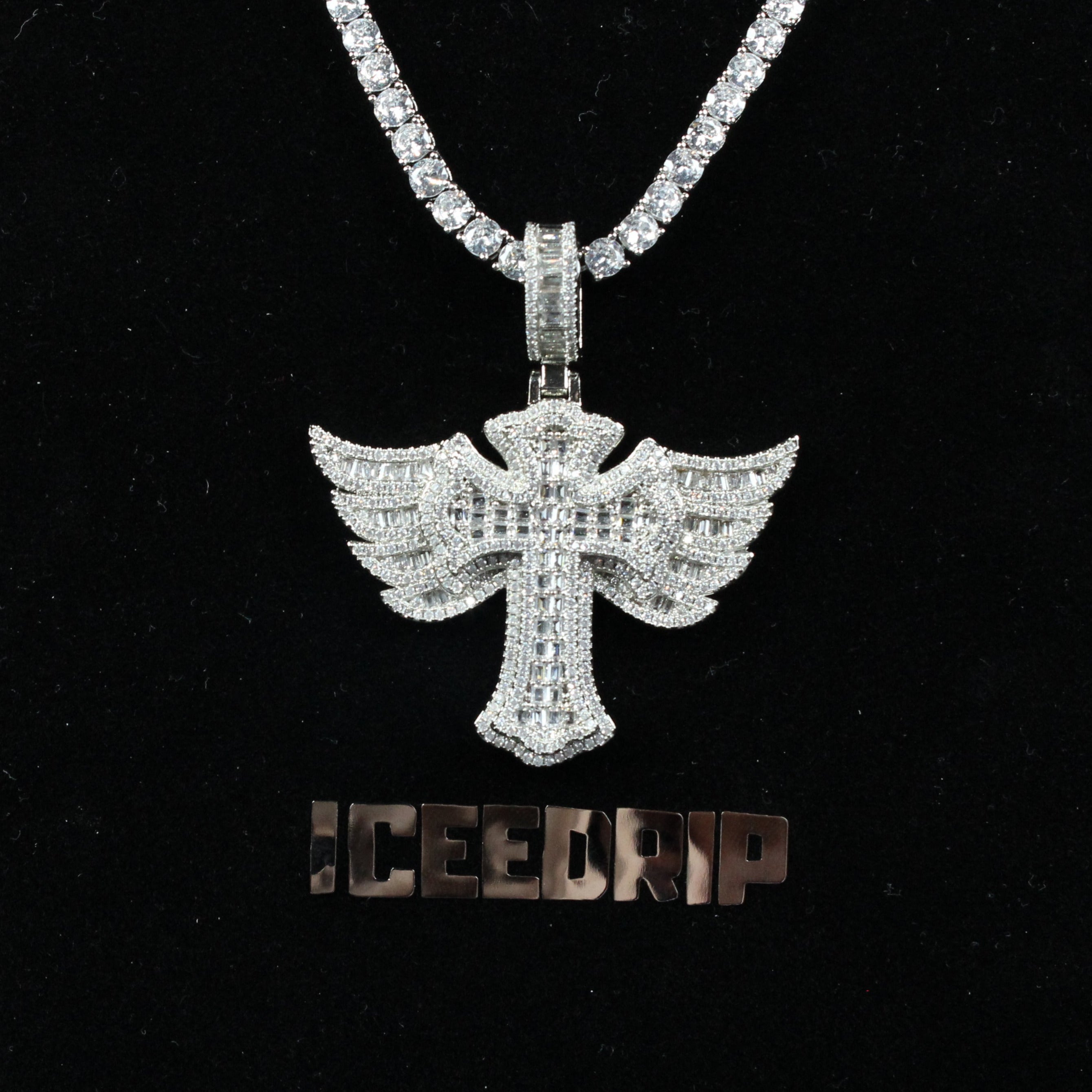 New Baguette Iced Cross With Wing Pendant