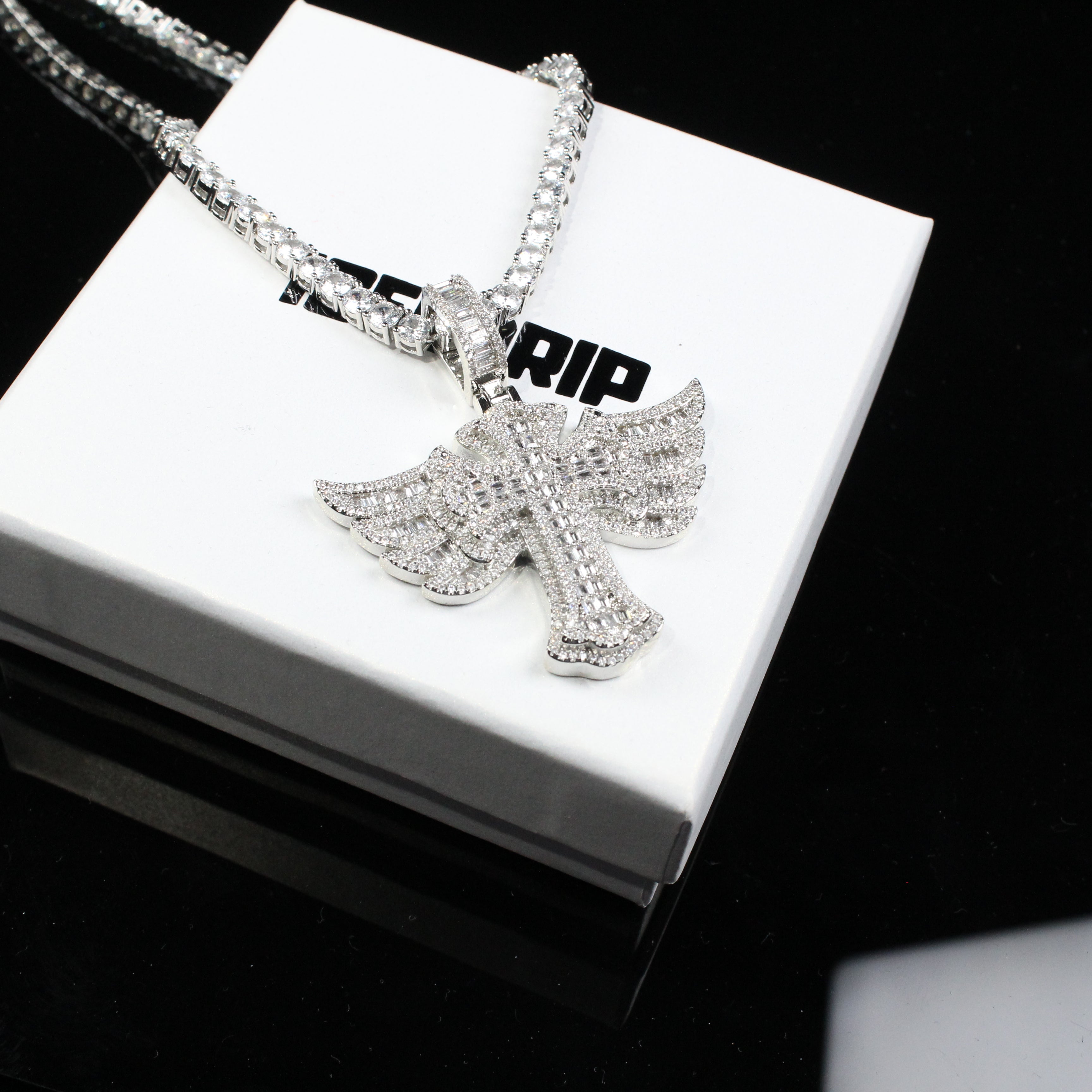 New Baguette Iced Cross With Wing Pendant