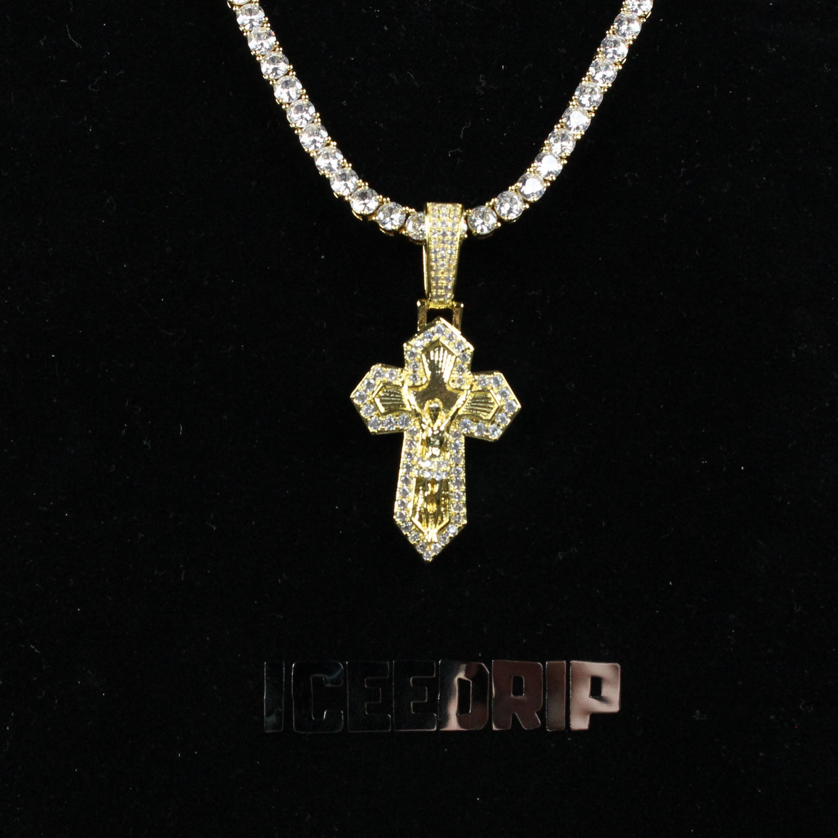 18K Gold Plated Jesus Crucifix Baguette Cross Necklace