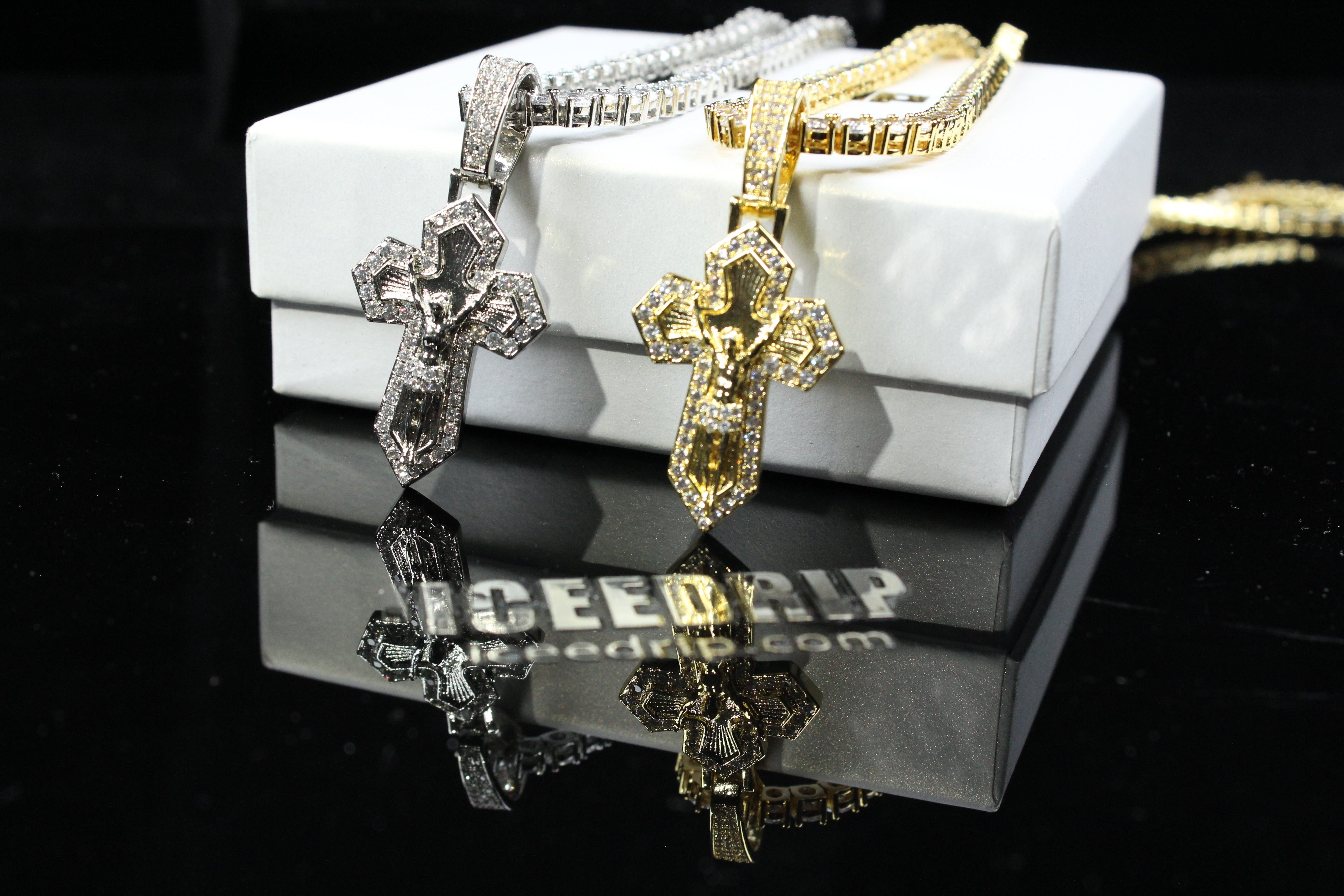 18K Gold Plated Jesus Crucifix Baguette Cross Necklace