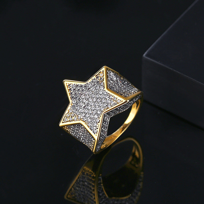 Anillo de pentagrama totalmente helado bañado en oro