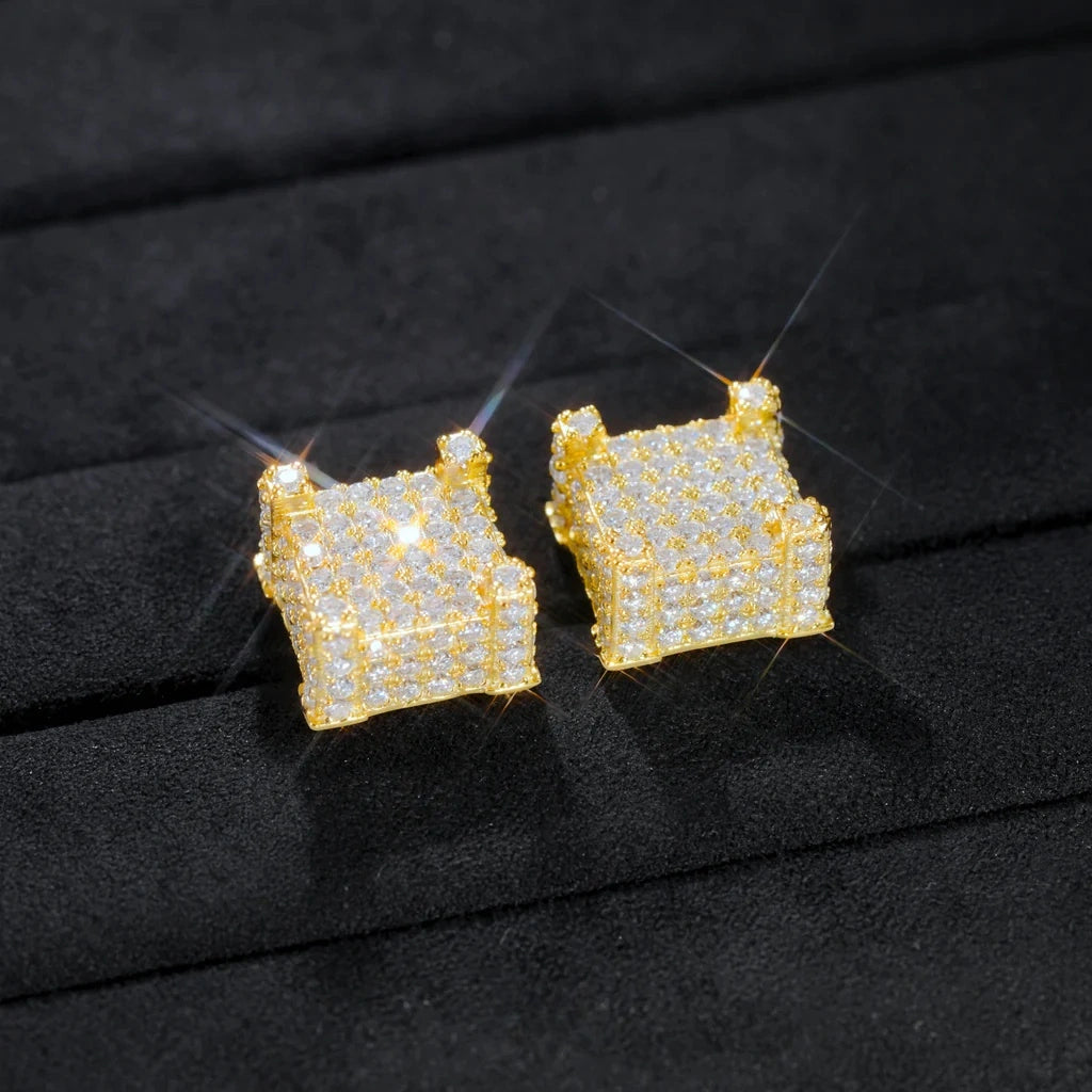 S925 VVS Moissanite Iced 3D Cube Earrings In 18K Gold_ICEEDRIP JEWELRY