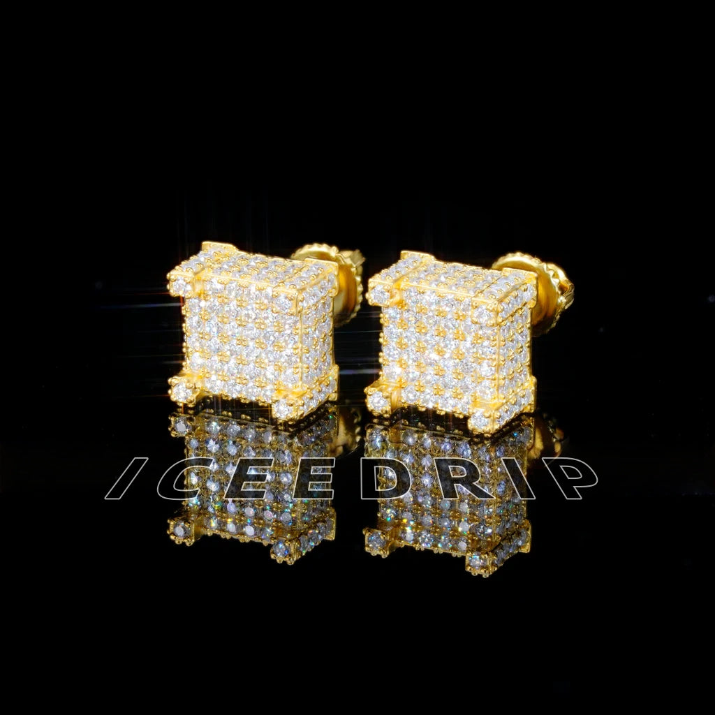 S925 VVS Moissanite Iced 3D Cube Earrings In 18K Gold_ICEEDRIP JEWELRY