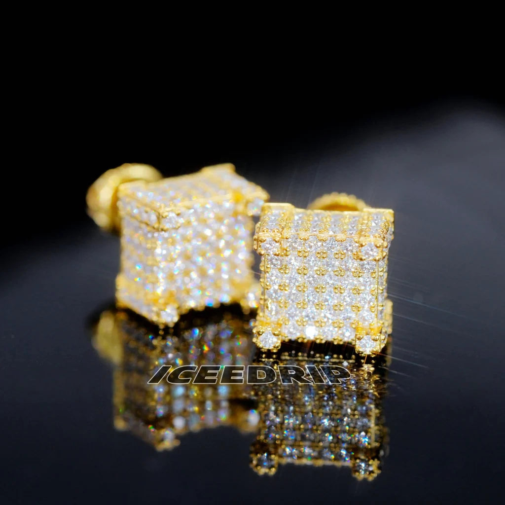S925 VVS Moissanite Iced 3D Cube Earrings In 18K Gold_ICEEDRIP JEWELRY