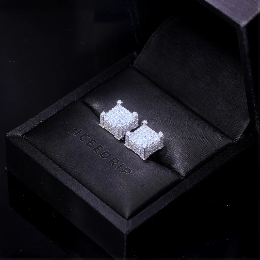 S925 VVS Moissanite Iced 3D Cube Earrings In White Gold_ICEEDRIP JEWELRY
