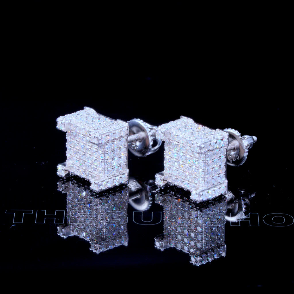 S925 VVS Moissanite Iced 3D Cube Earrings In White Gold_ICEEDRIP JEWELRY