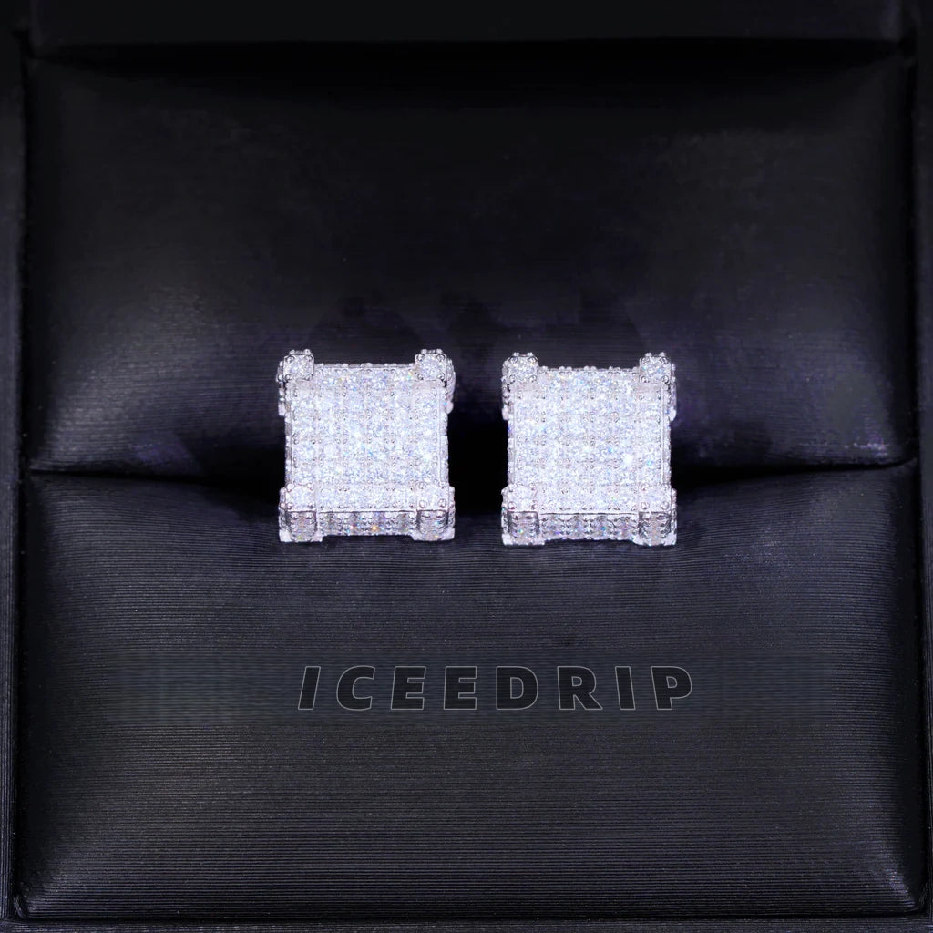 S925 VVS Moissanite Iced 3D Cube Earrings In White Gold_ICEEDRIP JEWELRY