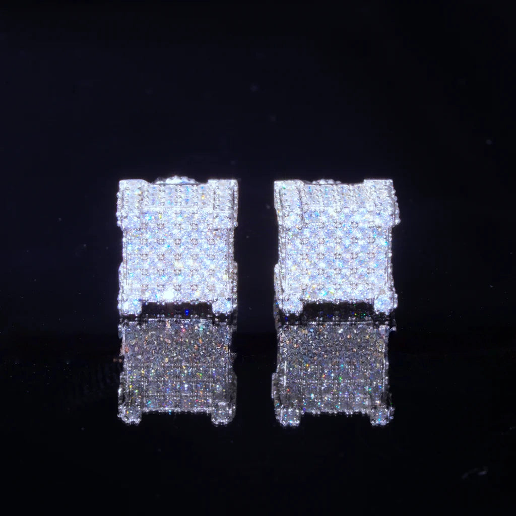 S925 VVS Moissanite Iced 3D Cube Earrings In White Gold_ICEEDRIP JEWELRY