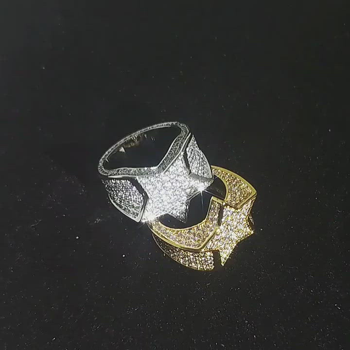 Anillo de pentagrama totalmente helado bañado en oro